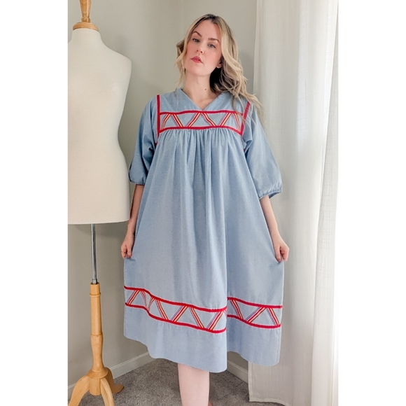 70s Blue Krist Gudnason for Rainbow Trim Cotton 1970s Vintage Midi Shift Dress - Picture 14 of 15